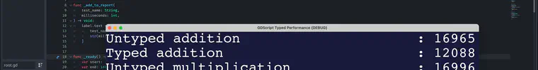Screenshot of the Godot editor and a GDScript performance test report