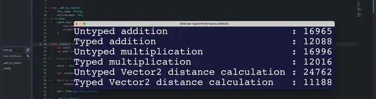 Screenshot of the Godot editor and a GDScript performance test report