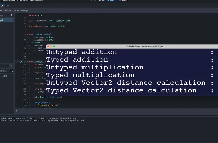 Screenshot of the Godot editor and a GDScript performance test report