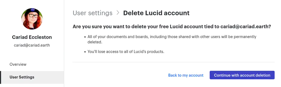 The Lucid account deletion page.