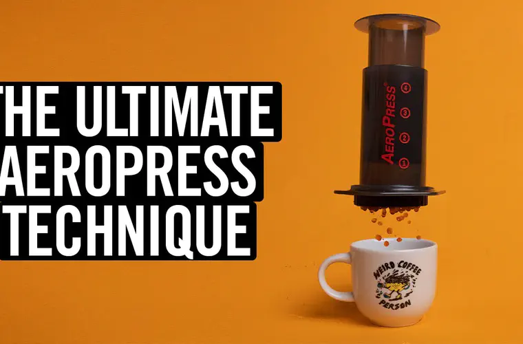 Photo of an AeroPress squeezing coffee with the caption "The Ultimate AeroPress technique"