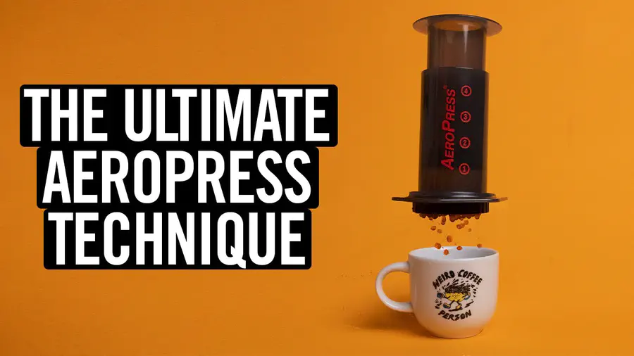 Photo of an AeroPress squeezing coffee with the caption "The Ultimate AeroPress technique"